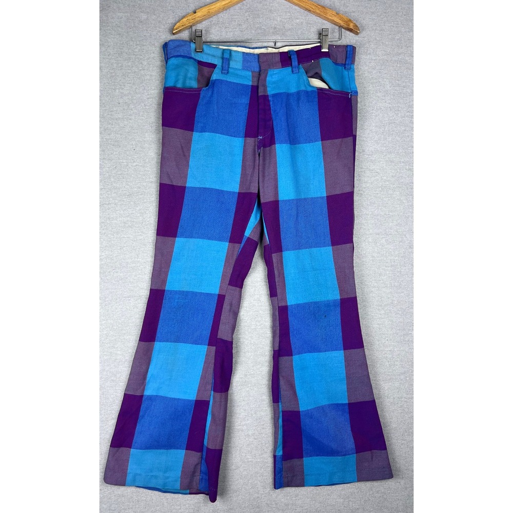 Vintage Lee Fastbacks Plaid Flare Pants Mens 34x30‎ Blue Purple 70s Bell Bottoms